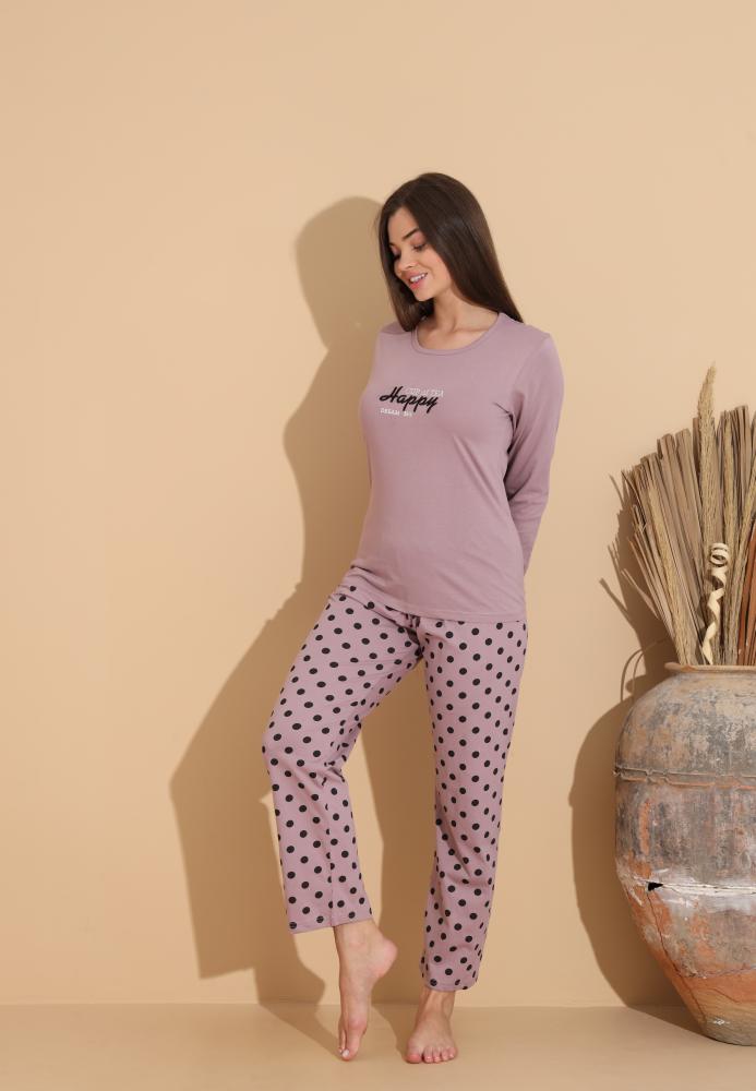 Pijama Dama „HAPPY" ,Pantaloni si Maneca Lunga,Culoare Mov, Engros